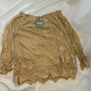 Boho Off the Shoulder-Marled Reunited Sheer Floral Lace Blouse NWT – Women’s L